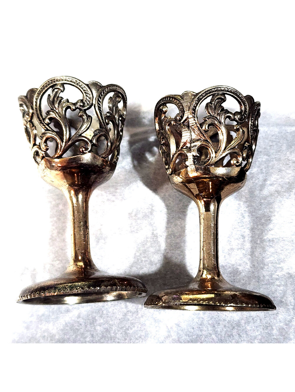 Vintage Silver Plate Pierced Filigree Tulip Cordial Cup Holders Lot of 2- "A"